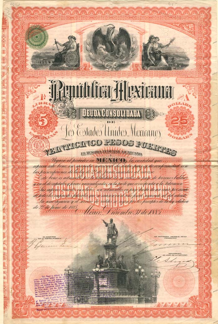 Christopher Columbus - Republica Mexicana 25 Pesos/5 Pounds Uncancelled Bond (Uncanceled)